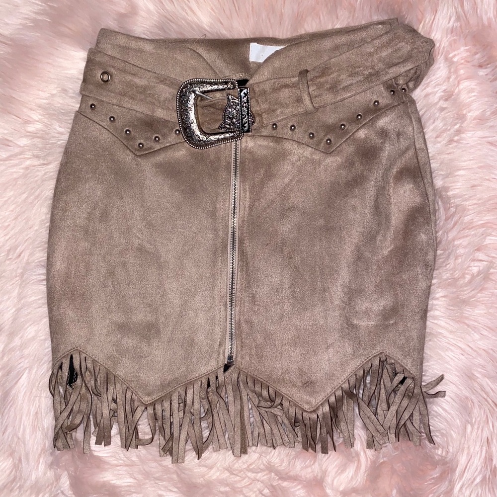 Tan suede Fringe Skirt